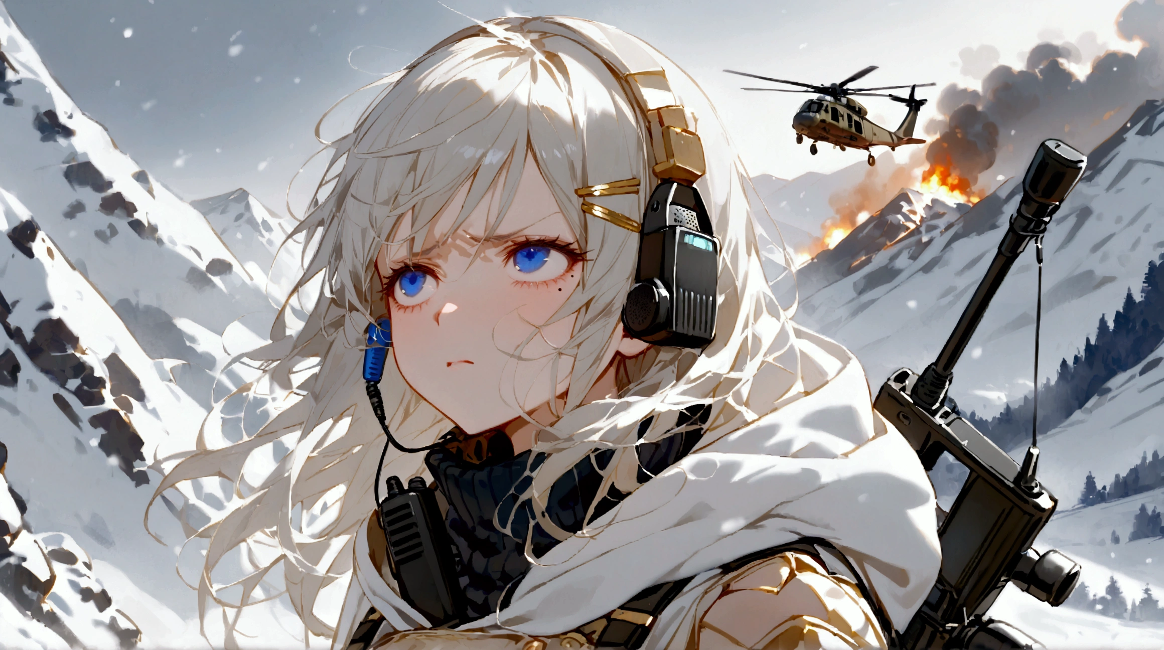 A girl with silver hair  , with blue eyes , gold-engraved hair clip   ,  long straight hair , mole under left eye, earphone walkie talkie   ,  in a black turtleneck with open shoulders , wearing a warm white cloak with a hood  , , the girl is equipped in modern light armor with ry armor on her arms, shoulders and knees,   a sniper rifle weighs behind my back on my belt , disgust on the face  ,  looking up  ,  against the snowy mountains  ,  a crashed military helicopter is burning in the background and there is a snowstorm 