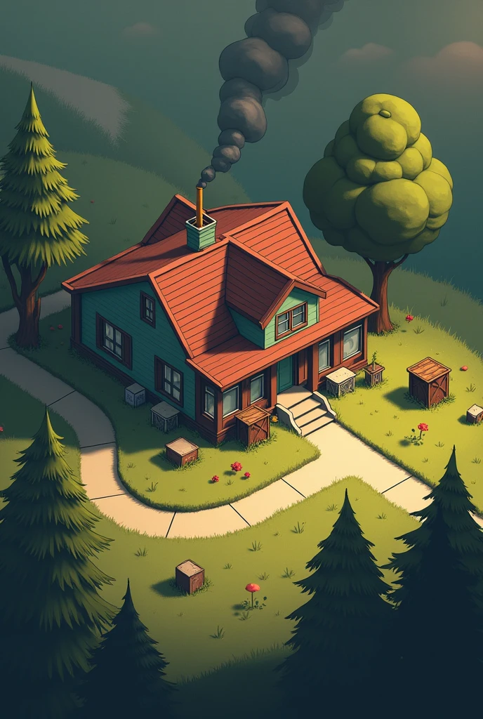 modern american one story house, isometric game big level design, don't starve graphic style