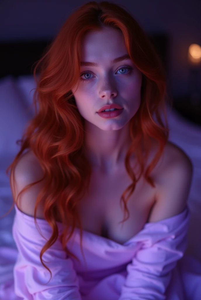A captivating, ethereal bedroom scene featuring a woman with rosy hair and violet eyes, reclining on a plush bed with ample, bare breasts. Her legs are spread invitingly, creating an allure that is both sensual and enchanting. The room is bathed in soft, ambient light, casting a dreamy glow on the woman's flawless skin. A sense of intimacy and vulnerability permeates the scene, making it a mesmerizing and evocative tableau.