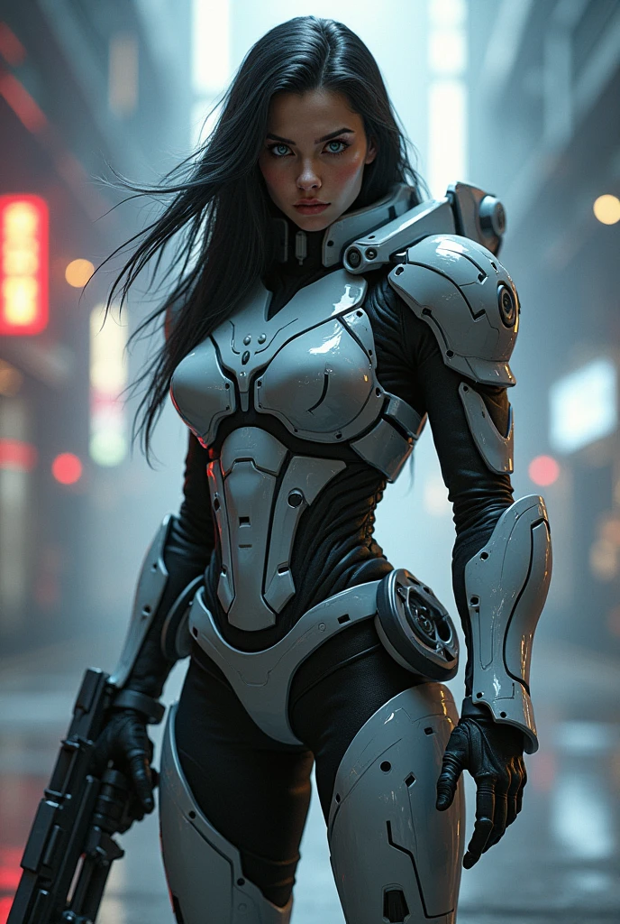 beautiful woman in a matte white cyber military uniform with red neon lights, with large armament, random environment