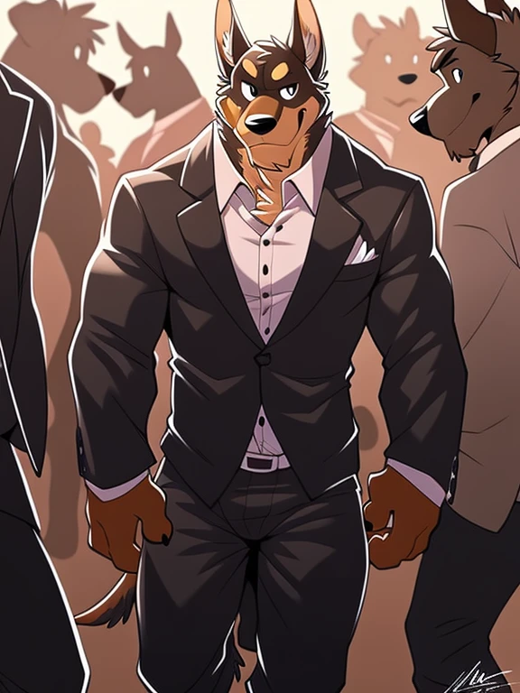 author: Takemoto Arashi, Solo, Male, A dog, Doberman, Muscular, standing, party, suit, tuxedo 