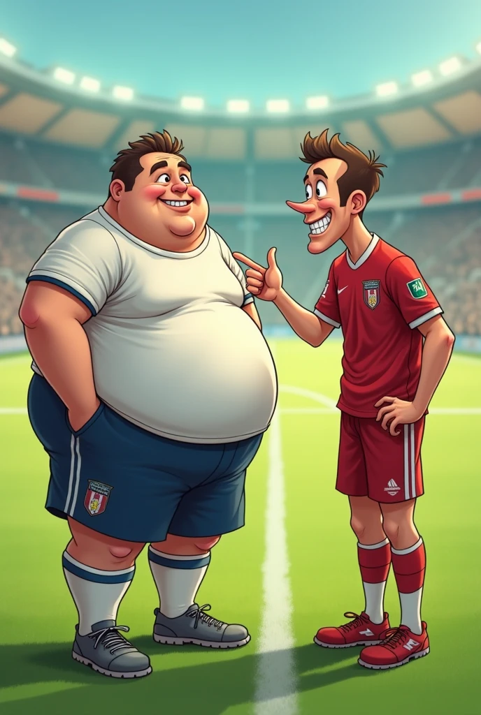 A team of five overweight soccer players obsessed with making their uniforms too small, that they are dirty after the game and wear the green and orange uniform colors, disheveled