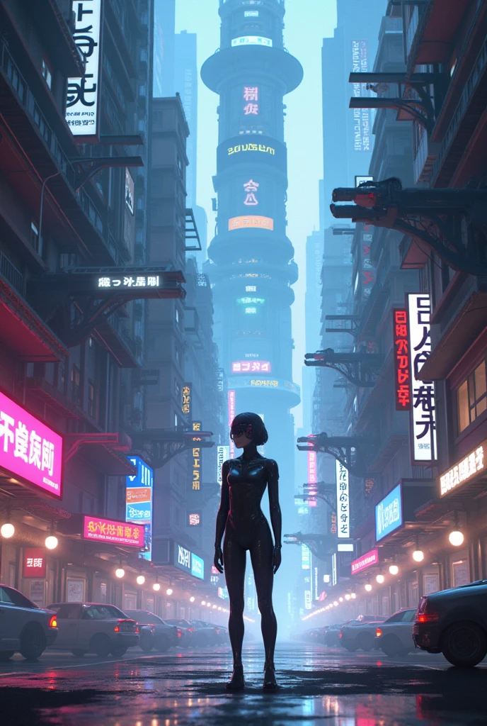 A flat-chested girl walks down the street in a tight bodysuit