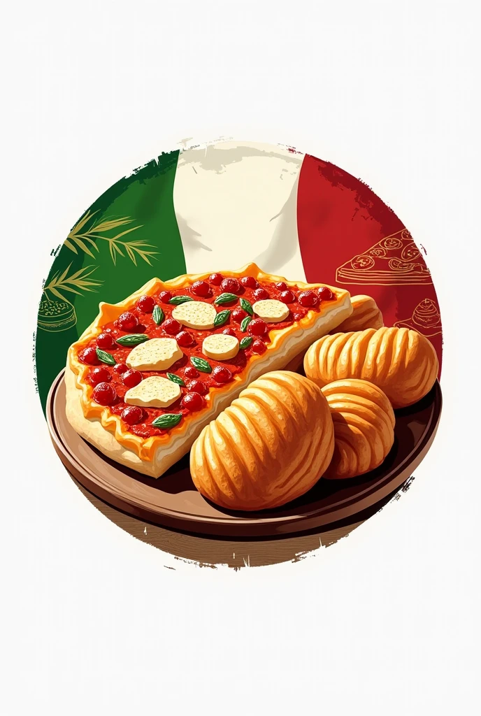 A logo design featuring an Italian flag in the background with a round wooden texture overlay, showcasing vibrant and appetizing elements of fried pastéis and stuffed-crust pizzas in the foreground. The pastéis are golden and crispy, with detailed ridges, while the pizza is topped with fresh ingredients and melting cheese oozing from the crust. The text "Migliore Pastelaria" is styled in elegant Italian-themed fonts, with "Migliore" in green and "Pastelaria" in red, on a black circular background with subtle pizza and pastry sketches. Modern branding design, hd quality, balanced color scheme, inviting look