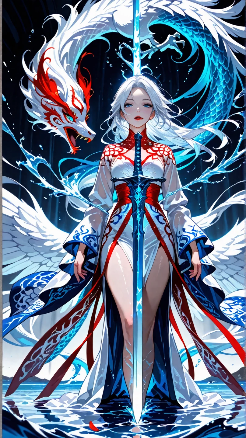 Sword girl , 1 woman, blue eye, white hair, red lip, beautiful skin, white dress Phoenix pattern, sword, water, blue water, Sword at the side of the body , white phoenix behind woman 