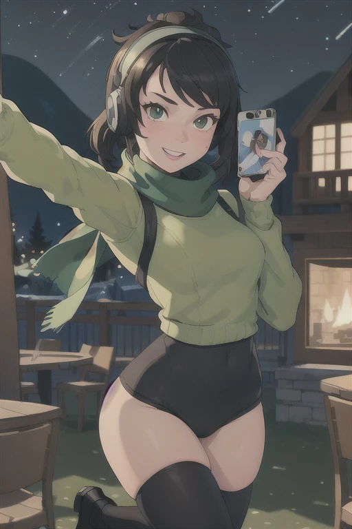 (masterpiece),(best quality),1girl,traceygtav,wearing green turtleneck sweater,earmuffs,scarf,happy,:d,at ski resort,at night,taking selfie, (((masterpiece))),1girl, Black gymnastics bloomers, High leg、white blouse,cowboy shot,solo