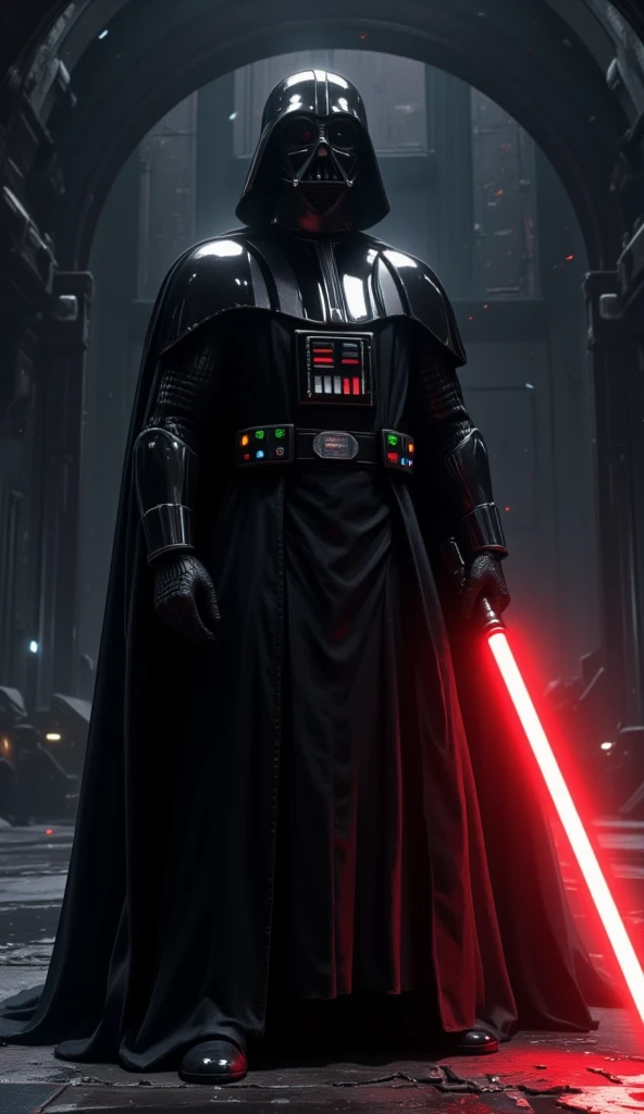 " mask Create a detailed image of an imposing character similar to Darth Vader ,  inspired by the science fiction universe .  It wears shiny black armor with metallic details ,  highlighting a menacing with dark lenses and a built-in respirator . The helmet is rounded and polished ,  dramatically reflecting light .  Its long, flowing cover adds an aura of mystery ,  falling to the ground in heavy folds .  It holds a vibrant red lightsabre ,  that emits an intense and sinister glow .  The background is dark , with shades of black and gray,  evoking a futuristic spaceship or a desolate alien landscape .  A Lighting highlights the metallic contours of the armor and the brightness of the light sabre, Creating a cinematic effect."
32K,HDR, UHD. 