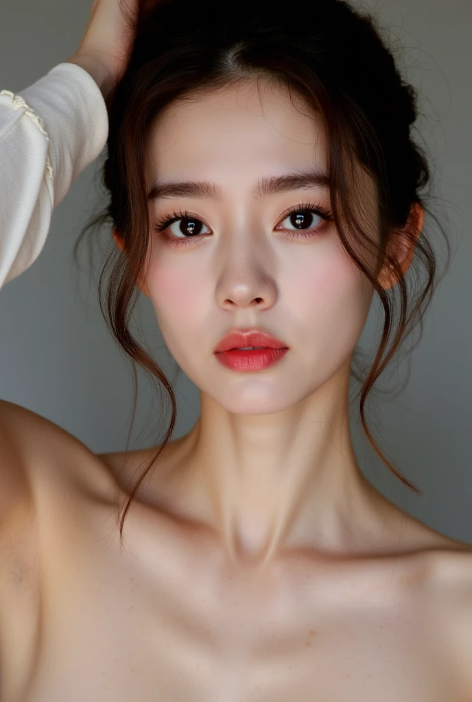 korean girl, Darling,  looks at the camera , selfie,  neutral facial expression, bare-chested
'