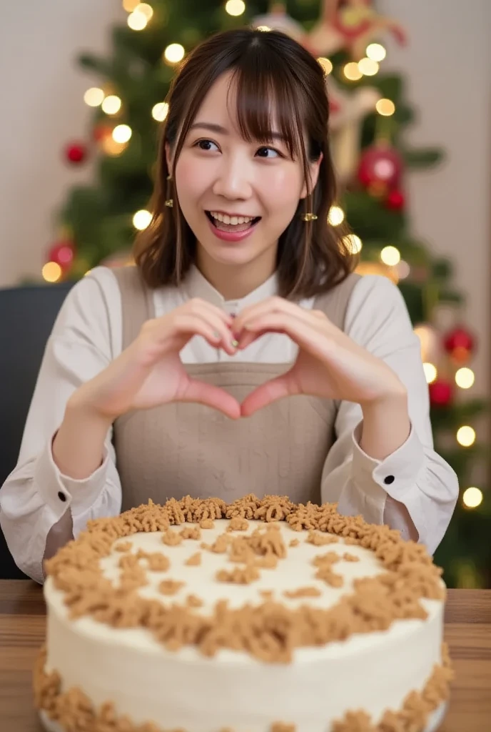 Christmas tree in the back,(top-quality,8K quality,​masterpiece:1.3,),( ultra high resolution, photorealistic:1.4,  Uncut Pictures  ),(Ultra-detailed, caustics, perfect anatomy ),(Ultra-realistic capture, beautiful and detailed skin ),( girl laughing big in front of a big Christmas cake),(Christmas cake closeup :1.2),livingroom,18 years old,  black hair long hair ,heavy, white off shoulder, bust up shot,( low angle ),Warm color lighting, making a heart shape with both hands 
