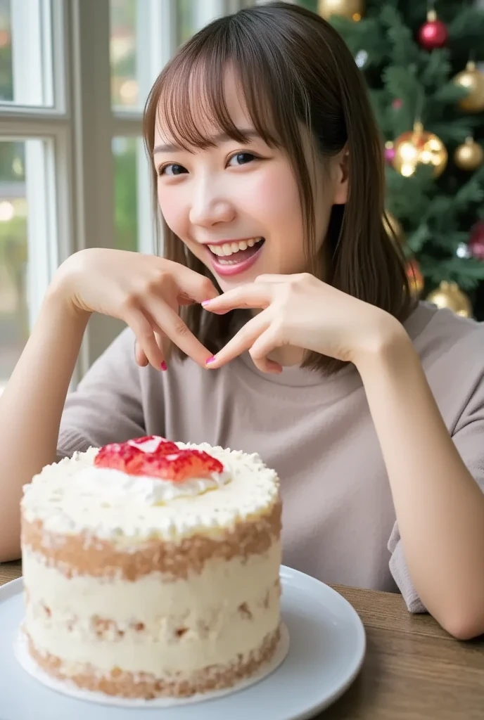 Christmas tree in the back,(top-quality,8K quality,​masterpiece:1.3,),( ultra high resolution, photorealistic:1.4,  Uncut Pictures  ),(Ultra-detailed, caustics, perfect anatomy ),(Ultra-realistic capture, beautiful and detailed skin ),( girl laughing big in front of a big Christmas cake),(Christmas cake closeup :1.2),livingroom,18 years old,  black hair long hair ,heavy, white off shoulder, bust up shot,( low angle ),Warm color lighting, making a heart shape with both hands 
