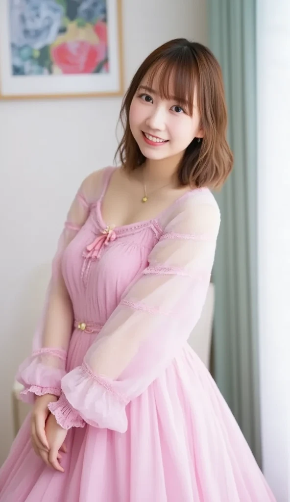 ( best quality、masterpiece、8k、 High Quality、 hyperrealism 、Award-winning works)、One ****Tagal、(Alone:1.1)、(1 photo:1.1)、( face close-up:1.4)、( cute girly light pink frilled open chest **** A princess dress :1.2)、Girly lace decoration、cute frill decoration、(cute rose flower :1.1)、Cute wavy hair、( perfect girly hairstyle :1.1)、( perfect big pretty ribbon :1.1)、(Too big boobs:1.2)、( big clevage :1.2)、(Cute heart symbols:1.1)、full of cute frills、 emphasizes your body line 、Slender body、( complicated **** Background of a room with lots of furniture in pastel colors :1.1)、(Pale pink **** A dream room :1.1)、( Lots of cute furniture in pastel colors :1.2)、( cute light blue chest :1.2)、(cute light blue desk:1.2)、(cute light pink dressing table:1.3)、(LOTS OF CUTE FURNITURE , Perfectly organized:1.1)、( Cute girly curtains in pastel colors :1.1)、(Very bright and vivid:1.1)、( Beautiful walls with cute decorations in pastel colors :1.1)、 Blurry Background 、 Standing gracefully in the center of the room 、( accurate anatomy:1.1)、 Completely-valid、 has long eyelashes、 glossy lips、Ultra HD glossy skin、( ultra high resolution, Bright and beautiful skin:1.2)、超高精細の glossy lips、 ultra high resolution beautiful teeth、( plump body :1.1)、Cute heart symbols、wide々 stylish ****Ta's room 、(Vase of roses:1.1)、( Light coming in through beautifully decorated windows .:1.1)