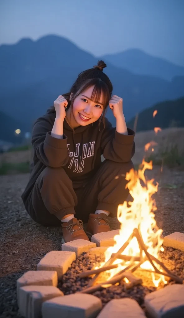 (top-quality,In 8K,​masterpiece:1.3,),( ultra high resolution, photorealistic:1.4,  Uncut Pictures  ),(Ultra-detailed, shiny skin, delicate skin),( detailed face ,perfect anatomy, caustics),(*********** Have a bonfire in the mountains ),Sit behind the bonfire,Cute,18 years old,Japanese,Japaneseイドー,smile, looking at the camera,Black-haired, SHORT PONYTAIL, Big Breasts ,( hooded hoodie ), long pants ,Trekking boots,Late at night, starry sky , low angle ,