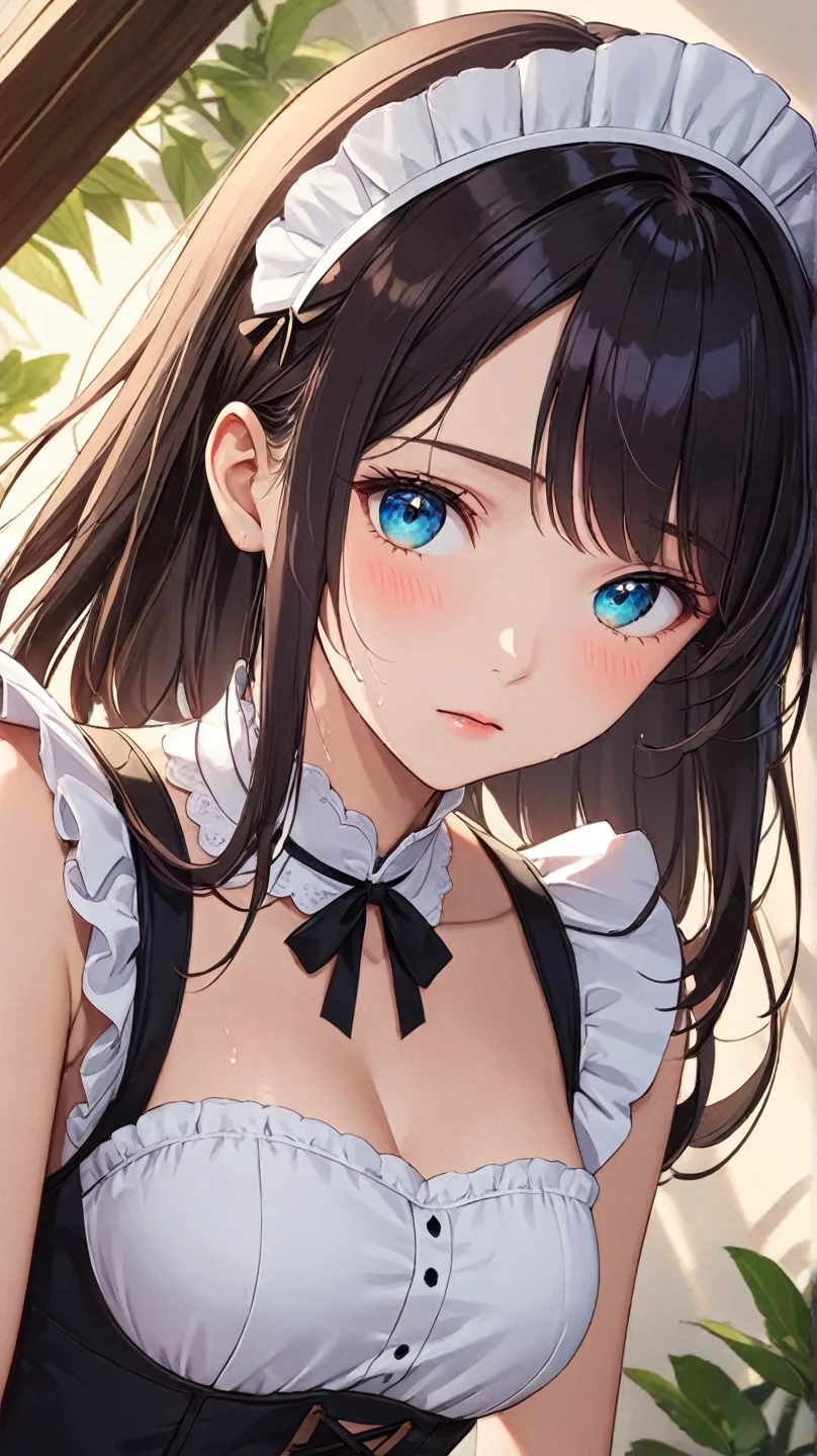 Alone, anime style, soft and delicate features, Perfect Anatomy, Best Illumination, cinematic lighting, soft light on face, 8k, best quality, masterpiece, ultra high definition, vibrant colors, sharp focus, crisp details, tall, slim, natural proportions, symmetrical and cute face, clear and fair skin, soft and smooth skin, beautiful eyes, heterochromia, Her right eye is clear green and her left eye is clear blue, sparkling pupils, Victorian Maid, elegant style, simple traditional design, dark gray hair, Super straight hair, forehead, parted bangs, gentle and warm expression, shiny hair, low hair volume, BREAK, plain white background, (full body:1.2), looking at viewer, from below, dignified face, head tilt, sweat, blush, closed eyes, BREAK, medium breasts, feet out of frame, (Natural posing), (standing),