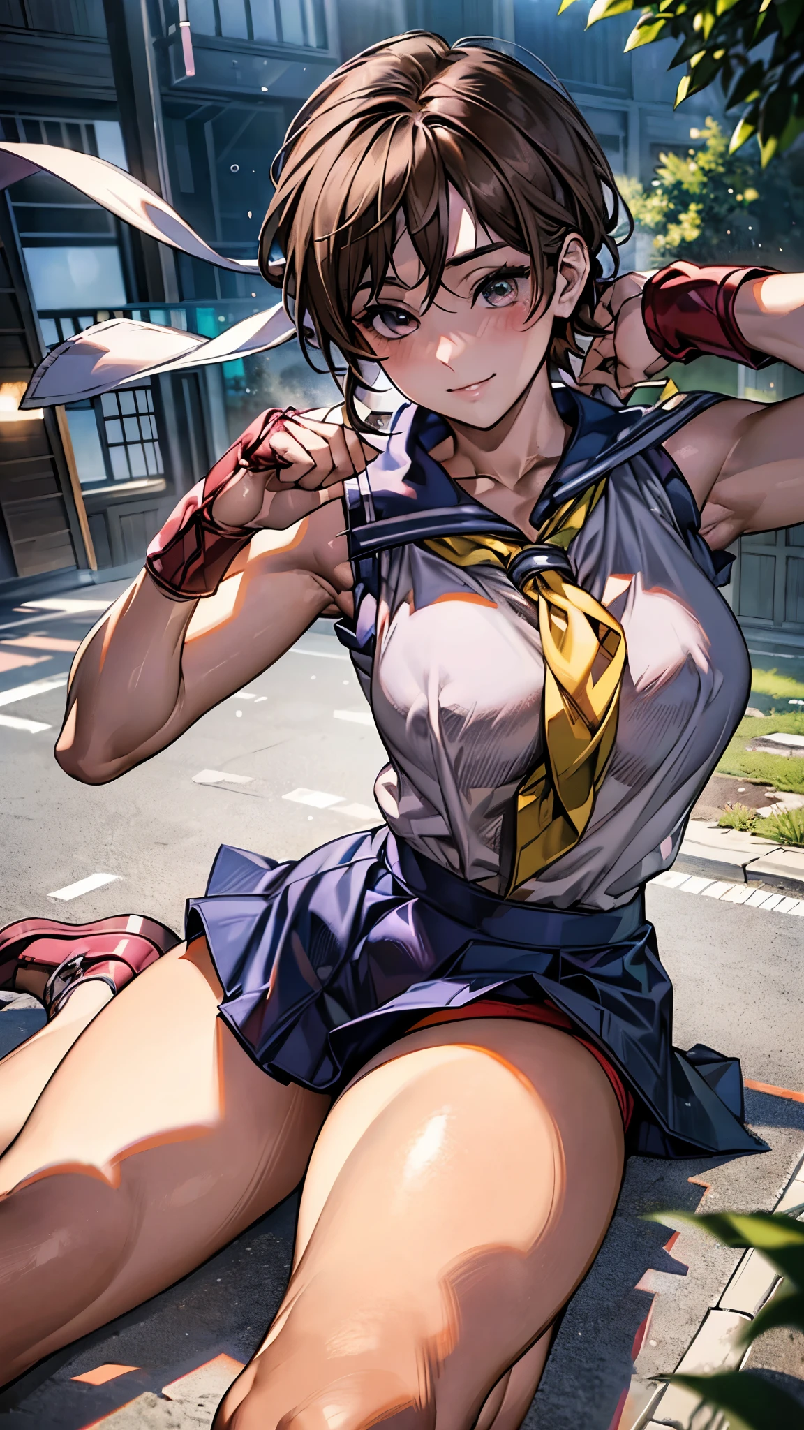 (masterpiece:1.2, best quality), (Realistic, photoRealistic:1.4), beautiful illustration, ( natural light, Movie Lighting),
watch viewers , 1 girl, Japanese, High School Girls , perfect face, cute and well-groomed face , shiny skin,
(Long Hair:1.8, Drill Hair:1.7, lots of dark brown hair ), hair between eyes , emerald green eyes , has long eyelashes, ( Big Breasts :0.9, thick thighs ),
Beautiful Hair, Facial beauty, Beautiful Attention to Details , beautiful collarbone , beautiful body, Beautiful breasts, beautiful thighs, beautiful legs, Beautiful Fingers ,
((A sleeveless collared shirt in a pale purple color, clevis, black tight miniskirt extend to viewers, high heels)), pink panties ,
( beautiful scenery ), evening , Riverside, place your hands on your chest , ( cute smile with blush, Upward Glance ), spread legs, legs up.