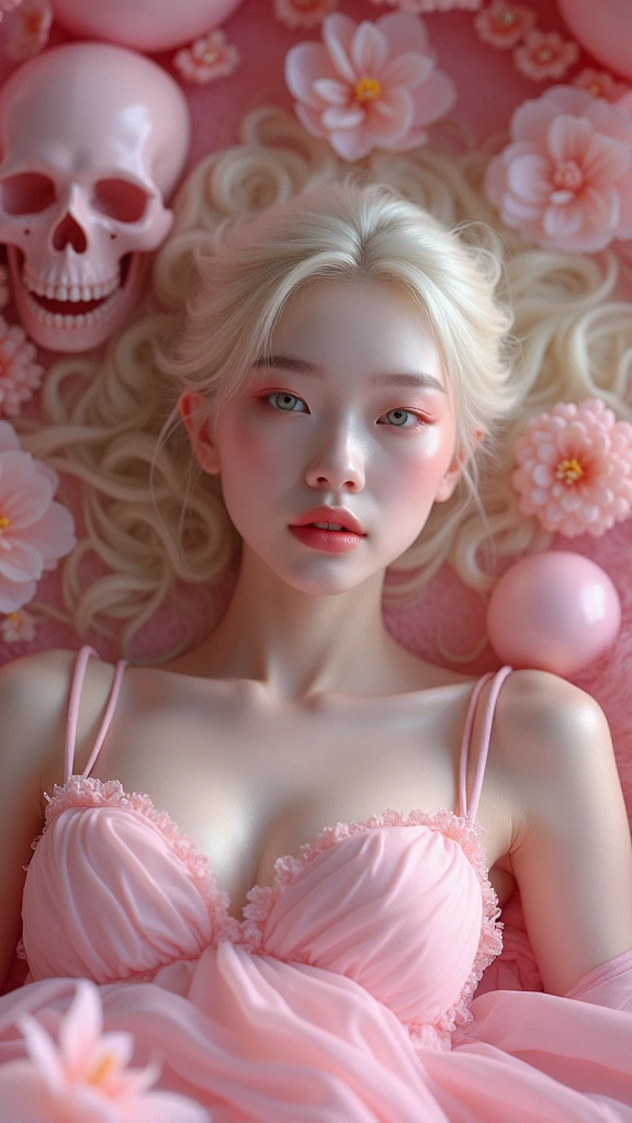 araffe girl in a pink dress posing for a picture, ribcage, ((pink)), pink body, pink skin, ulzzang, bubblegum body, pink girl, by Russell Dongjun Lu, skeleton girl, some pink, inspired by Yanjun Cheng, smooth pink skin, trending on cgstation, 🌺 cgsociety, cai xukun, high quality, (RAW photo, best quality), (realistic, photorealistic: 1.4), (extremely delicate and beautiful: 1.4), amazing, fine details, masterpiece, ultra detailed, high resolution, best illustration, best shadow, intricate, ( extremely intricate: 1.2), (exquisitely detailed skin), cinematic light, perfect anatomy, (cool color: 1.4), sharp focus, 8k UHD, DSLR, (Fujifilm XT3),(fondo huesos de Esqueleto humanos :1.4),( tiene huesos visibles Esqueleto :1.4), (colores brillantes), (rodeado de pétalos de rosa :1.4),( rosas flores grandes :1.4) 