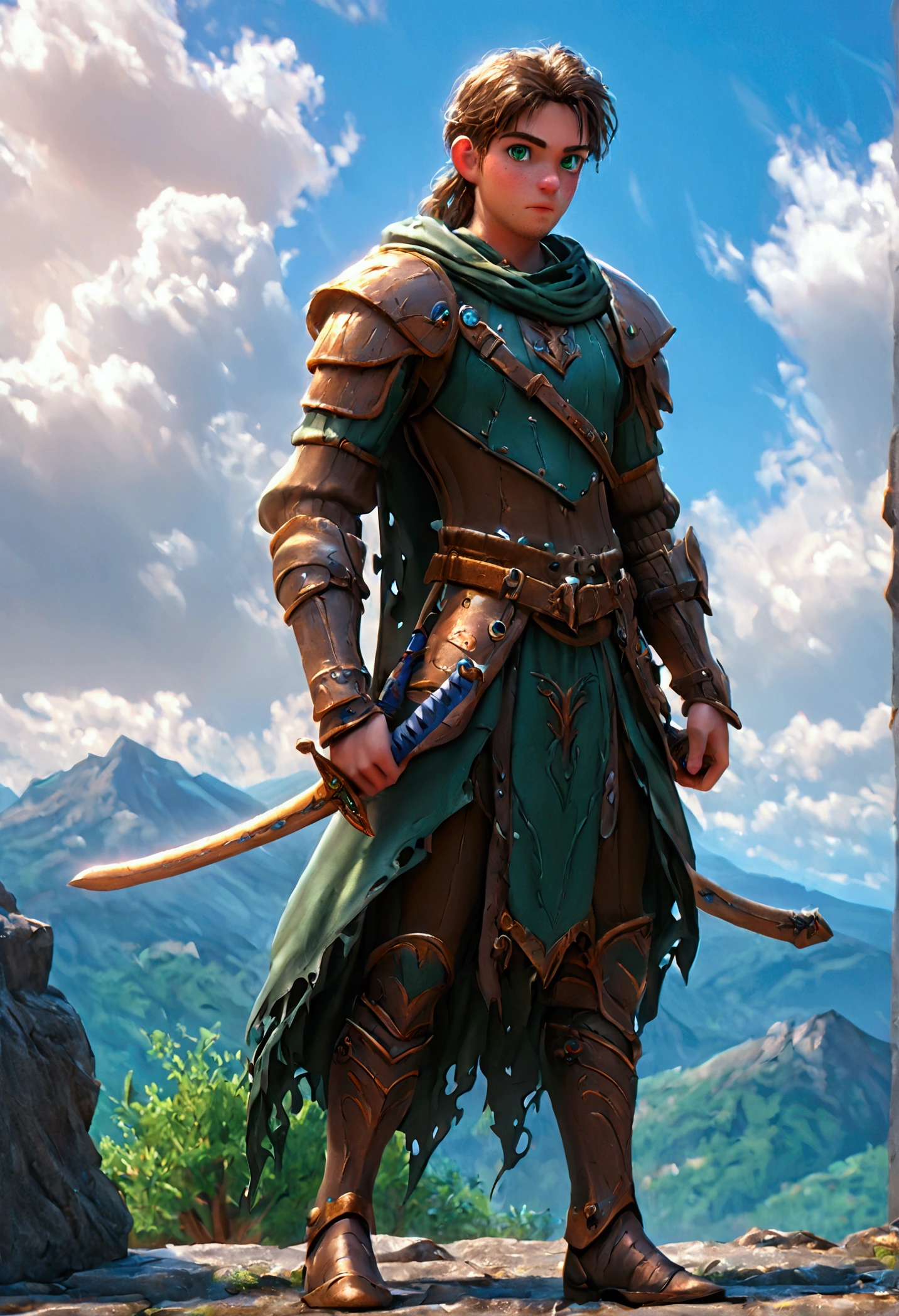 Half dragon human swordsman, slightly aged male, ((lean but muscular, slim body, thin, skinny)), sword on belt, beautifull, masterpiece, training, outside, mountains in background, detailed, detailed background, sky, clouds, green eyes, ((3 day stubble)), in battle stance, standing, brown medieval leather vest, long sleeve shirt, dark pants, black belt, hood, cape, black leather shoulderpad, tousled hair, armwraps, full body, 40 years old, kind knowing eyes, best quality, realistic, sfw, solo, leather boots, 