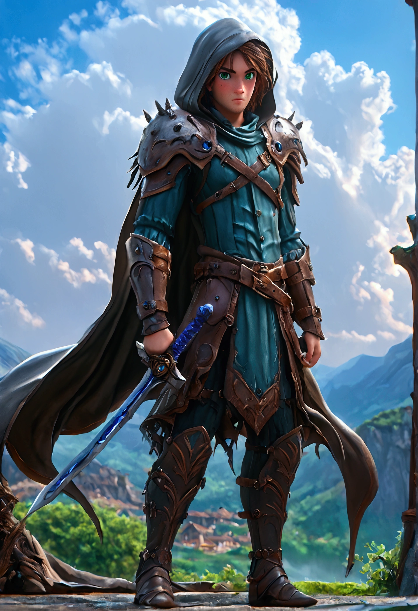 Half dragon human swordsman, slightly aged male, ((lean but muscular, slim body, thin, skinny)), sword on belt, beautifull, masterpiece, training, outside, mountains in background, detailed, detailed background, sky, clouds, green eyes, ((3 day stubble)), in battle stance, standing, brown medieval leather vest, long sleeve shirt, dark pants, black belt, hood, cape, black leather shoulderpad, tousled hair, armwraps, full body, 40 years old, kind knowing eyes, best quality, realistic, sfw, solo, leather boots, 