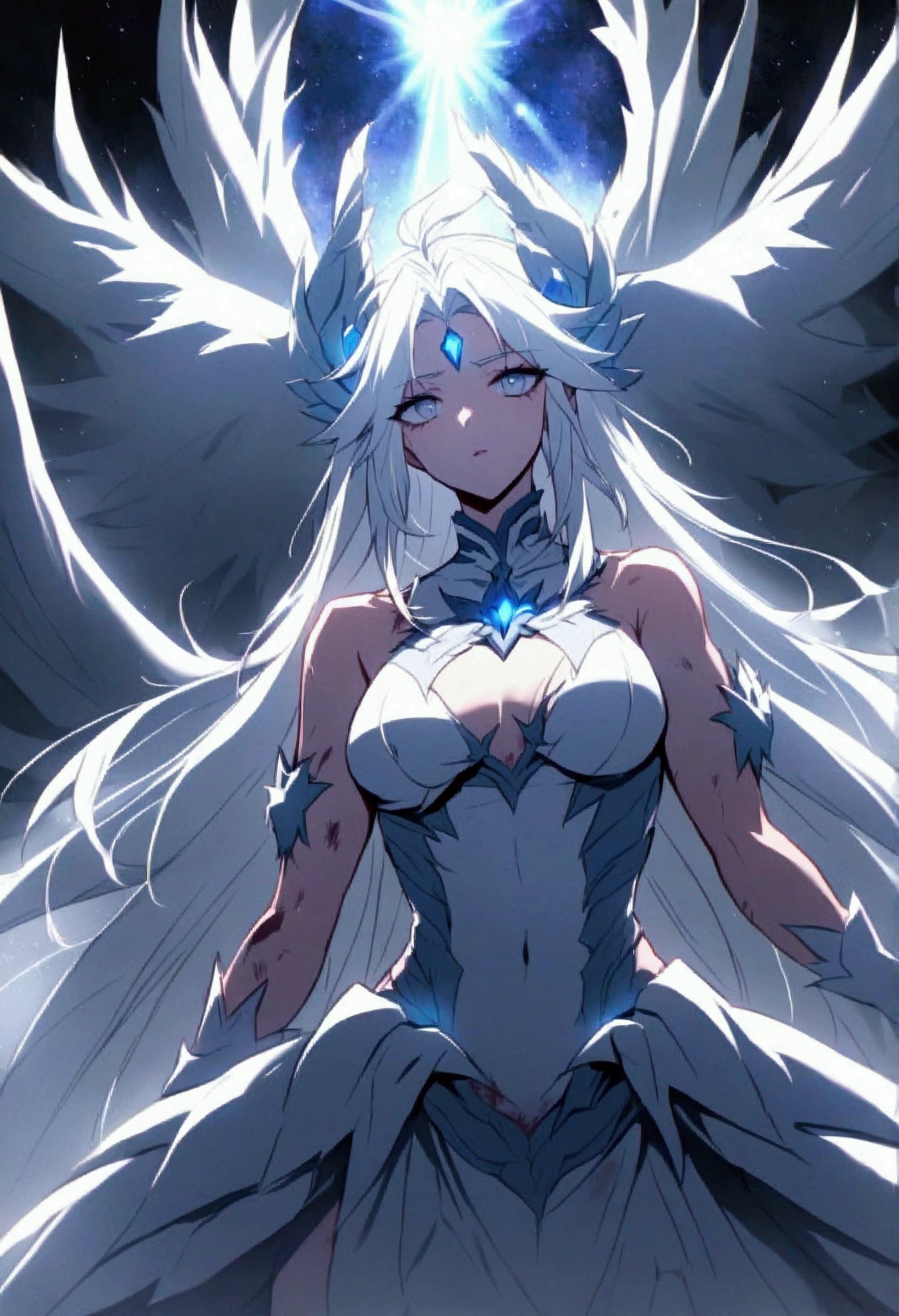 Woman goddess beast, white hair a long hair ,Eyes Fiusha , toned body, battle clothing combined with a divine style , emperor status with a wake of rays , with an expression of fear and a hellish environment , with fighting wounds and clothes torn in combat waiting to die, through a nebula