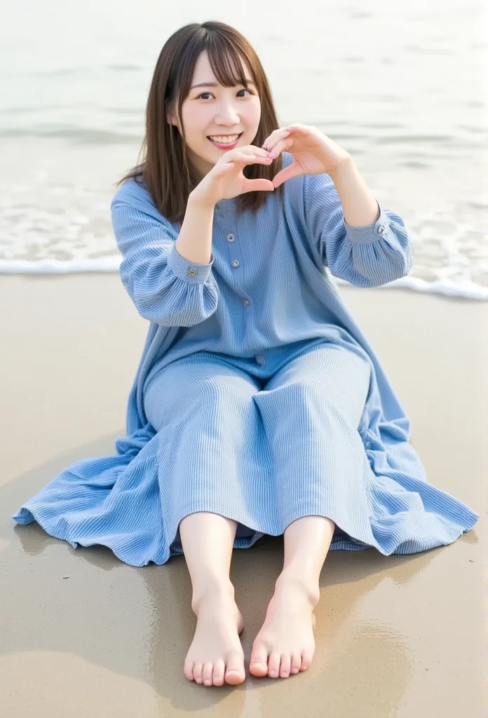 barefoot,  making a heart shape with both hands ,Woman sitting on sandy beach with her knees bent , photorealism,   YOUNG JAPANESE WOMAN ,(Facing the camera), Alone,A perfect smile,   Beautiful Dark Eyes  ,  beautiful skin , Long black hair, Full Body Portrait of a Beautiful Woman , blue off-the-shoulder shirt, white skinned,  Amazing Face , Beautiful appearance, Water Play,  8K resolution concept art portrait, White Sand Beach at Midsummer Midday , gentle waves,Heel-deep in water, Pulp Adventure Style , fluid acrylic , Dynamic gradients, vivid color, Awareness-raising,  Highly Detailed Vector Curves ,  it's a simple , Vector art, Sleeping,  character design , 3D Shading,  Movie-like , Gorgeous patterns,  Elegant Organic Framing ,  hyperrealism ,  posterized ,  bright color , Real People,