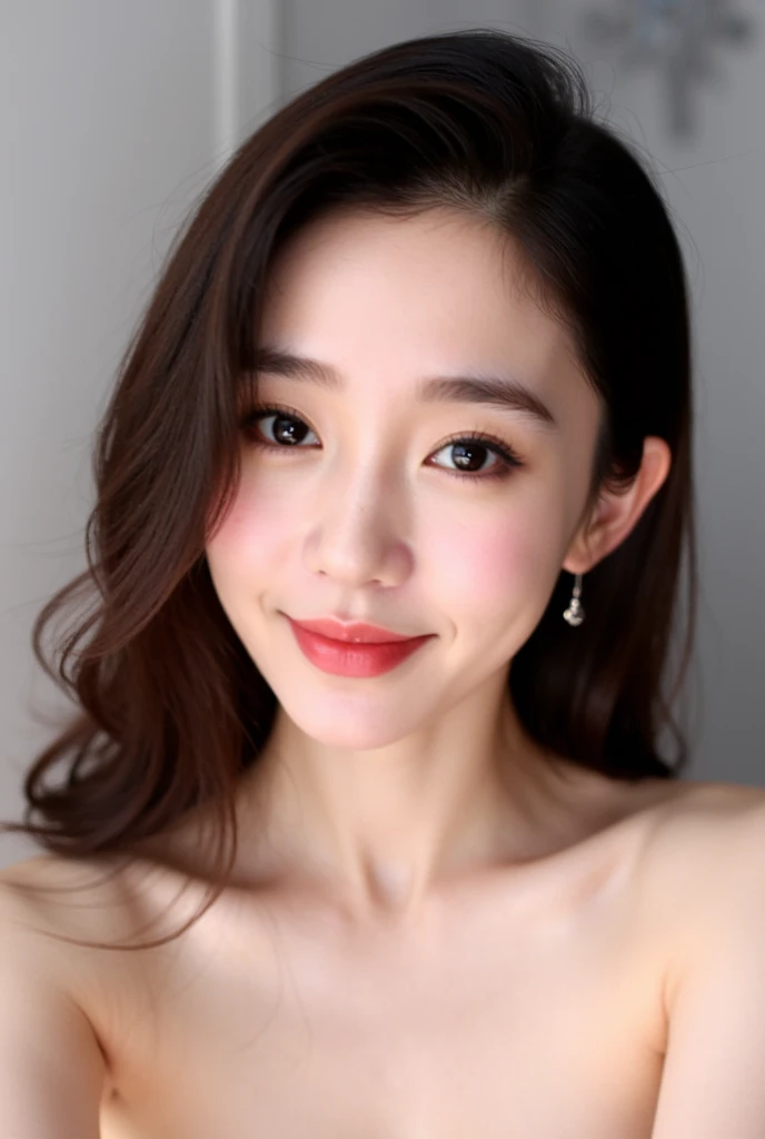 korean girl, Darling,  looks at the camera , selfie,  neutral facial expression, bare-chested '