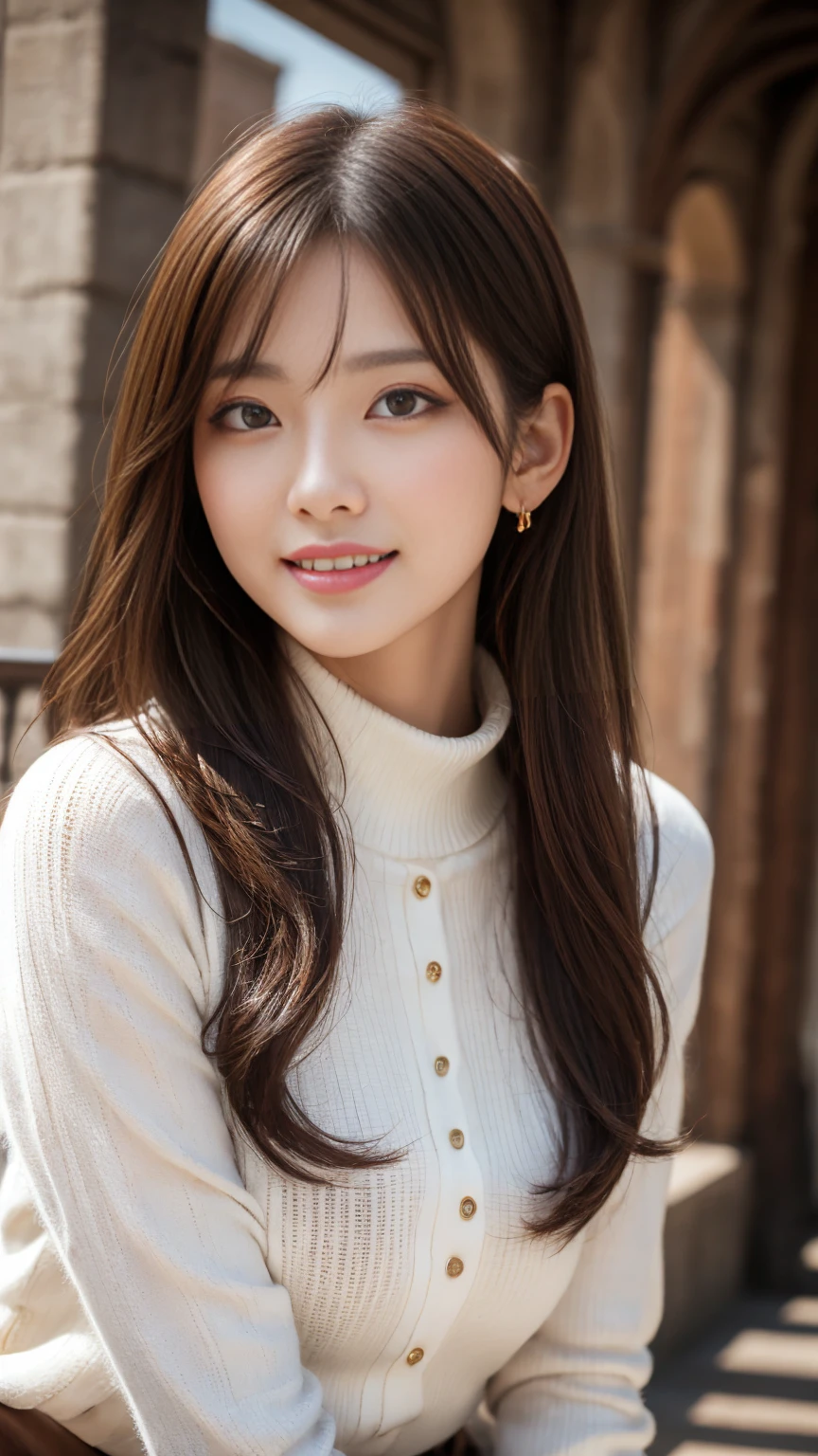 arafed woman with long brown hair and a tan sweater, warm and gentle smile, young adorable korean face, jaeyeon nam, smiling sweetly, cute korean actress, slight cute smile, ulzzang, lee ji - eun, lee ji-eun, young cute wan asian face, innocent smile, neat hair with bangs, jinyoung shin, lovely smile, warm smile