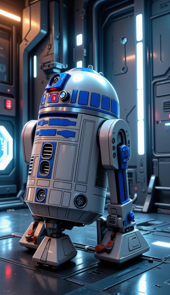 ** Prompt for a detailed photo of R2-D2 :**  

" A small futuristic astromechanical robot with a cylindrical shape and compact . Its body is metallic ,  predominantly silver ,  with bright blue details along its outer plates .  The upper part is a rounded and smooth dome ,  of polished silver color ,  with an illuminated red electronic eye lens that looks like a camera .  Small panels ,  lights blinkers and sensors decorate its surface ,  conveying an advanced technological appearance .  It has three legs , , two of which are the main sides with blue details and silver ,  and a retractable center .  Its ends have wheels that suggest mobility in different terrains.  The background is futuristic ,  with shades of steel and elements of science fiction ,  recalling the interior of a spaceship ."  

 If you need adjustments or more specificity , Can I refine .(anime style 32K, HDR, UHD, intricate detail, extremely intricate detail, hyperrealistic, extremely realistic, high quality, vivid color, extremely detailed).