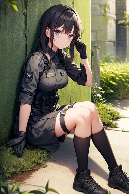 A female member of the Self-Defense Forces wearing camouflage uniform, camouflage miniskirt, khaki boots, bullet storage belt, leather camouflage gloves, looking back while crawling, during training, clear blue eyes, long eyelashes,