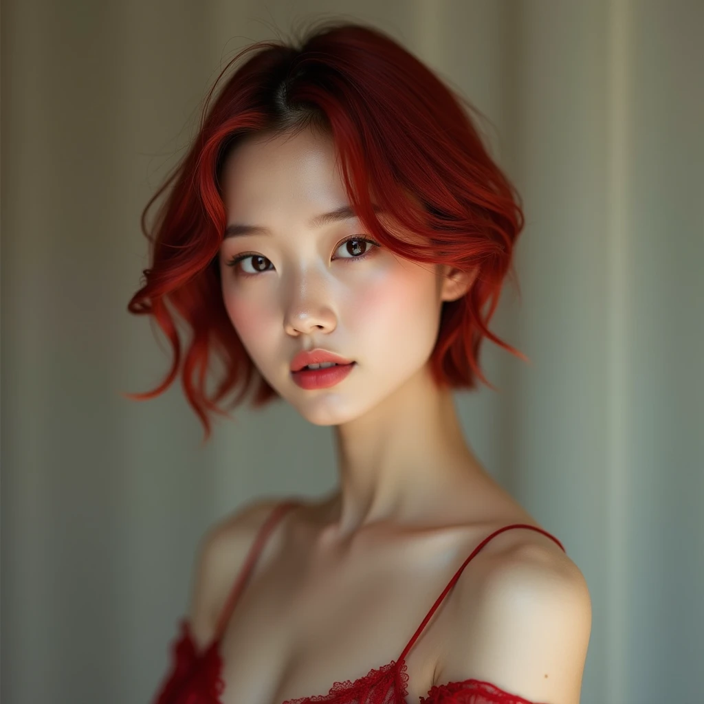 Extremely beautiful 14yo girl ,(Extremely cure beauty:1.2),highly clear face,in a bedroom,very cute,phenomenal aesthetic,Amazing photos,Cinematic Lighting,Clear perfect eyes, ginger chin length bob hairstyle,bokeh,Sexy self-confidence,proud and independent,NSFW,flowing light and colorful colors, wearing transparent lingerie, facing camera, full-body shot, silk transparent lingerie