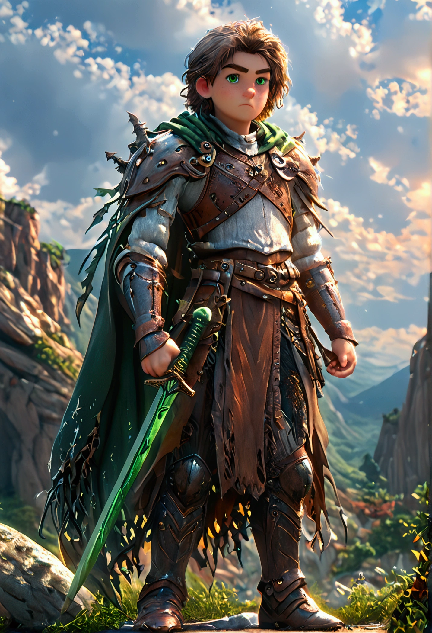 Half dragon human swordsman, slightly aged male, serious, ((lean but muscular, slim body, thin, skinny, sharp facial features, pointed chin, sharp nose)), sword on belt, beautifull, masterpiece, training, outside, mountains in background, detailed, detailed background, sky, clouds, green eyes, ((3 day stubble)), in battle stance, standing, brown medieval leather vest, long sleeve shirt, dark pants, black belt, hood, cape, black leather shoulderpad, tousled hair, armwraps, full body, 40 years old, kind knowing eyes, best quality, realistic, sfw, solo, leather boots, 