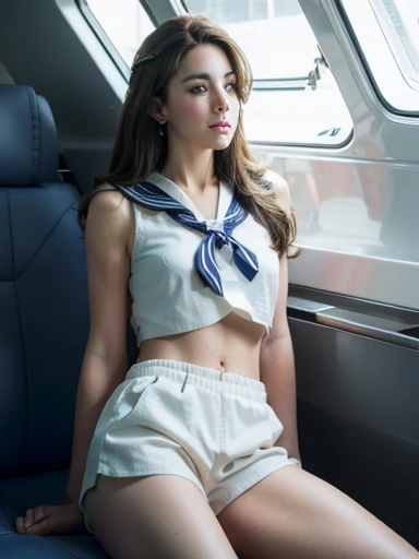 A masterpiece, ultra-detailed, high resolution image of beautiful Kate Middleton as a girl wearing a traditional white sailor outfit modified as a crop top and tight shorts, bare arms, bare belly, bare legs;, standing and she is in a spaceship with a window to outer space showing Saturn, detailed background of the inside of a spaceship, night-time, leaning against the window, pensive expression.