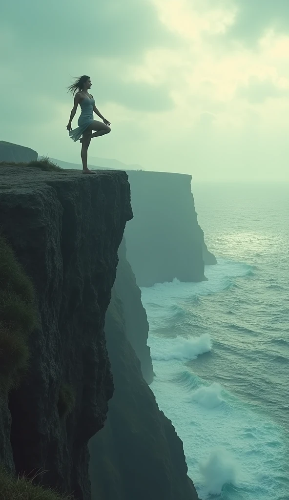 Incredible oil painting illustration of a beautiful female ((cliff, high diver)), captured in the air 1 second after jumping, (((full body stretch, arched back, legs together, arms out))), downward trajectory, viewed from below, low angle, looking up, dutch angle, illustrated in Ashley Wood's epic style