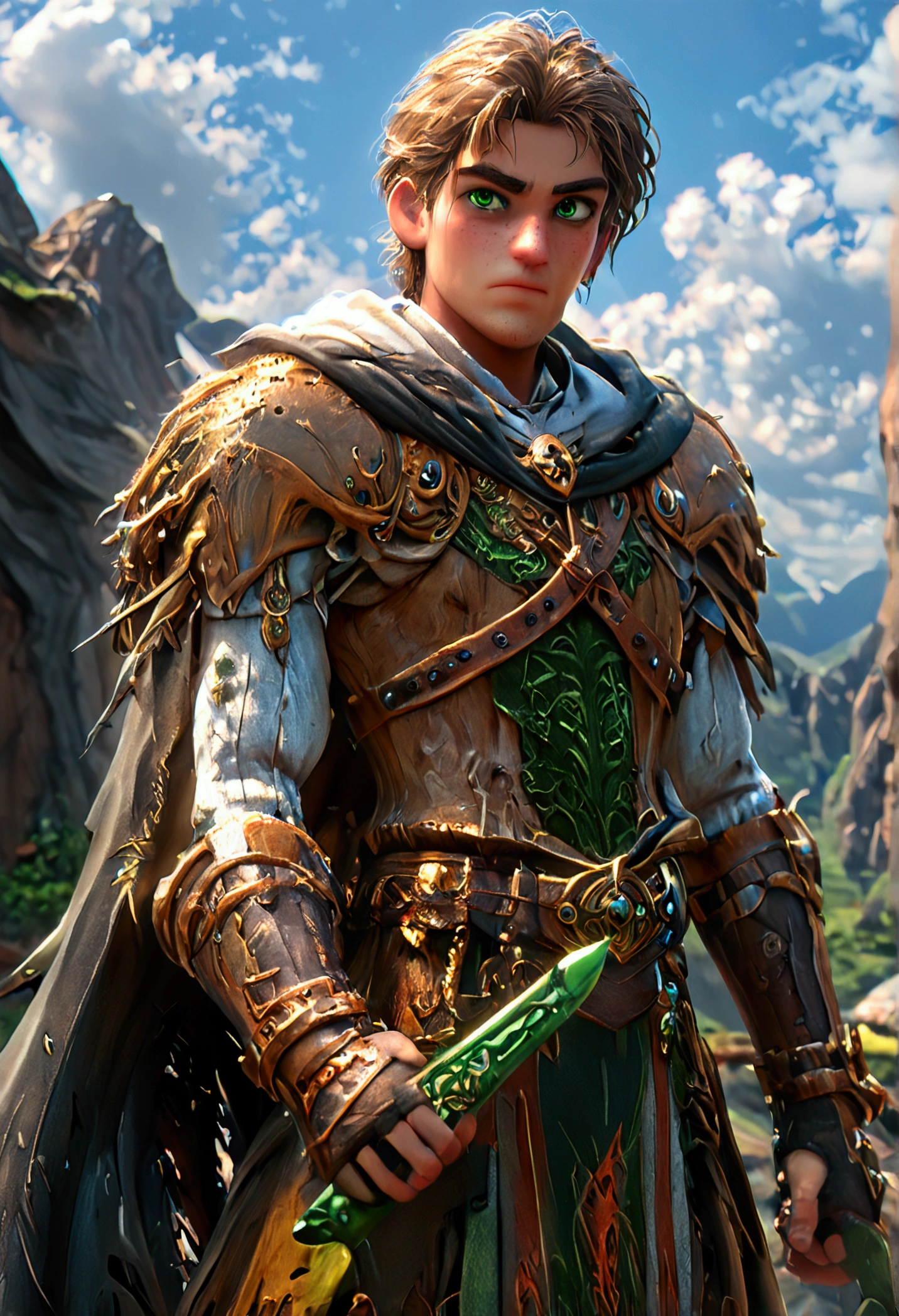 Half dragon human swordsman, middle age male, serious, ((lean but muscular, slim body, thin, skinny, sharp facial features, pointed chin, sharp nose)), sword on belt, beautifull, masterpiece, training, outside, mountains in background, detailed, detailed background, sky, clouds, green eyes, ((3 day stubble)), in battle stance, standing, brown medieval leather vest, long sleeve shirt, dark pants, black belt, hood, cape, black leather shoulderpad, tousled hair, armwraps, full body, 40 years old, kind knowing eyes, best quality, realistic, sfw, solo, leather boots, GigaChad1024, 