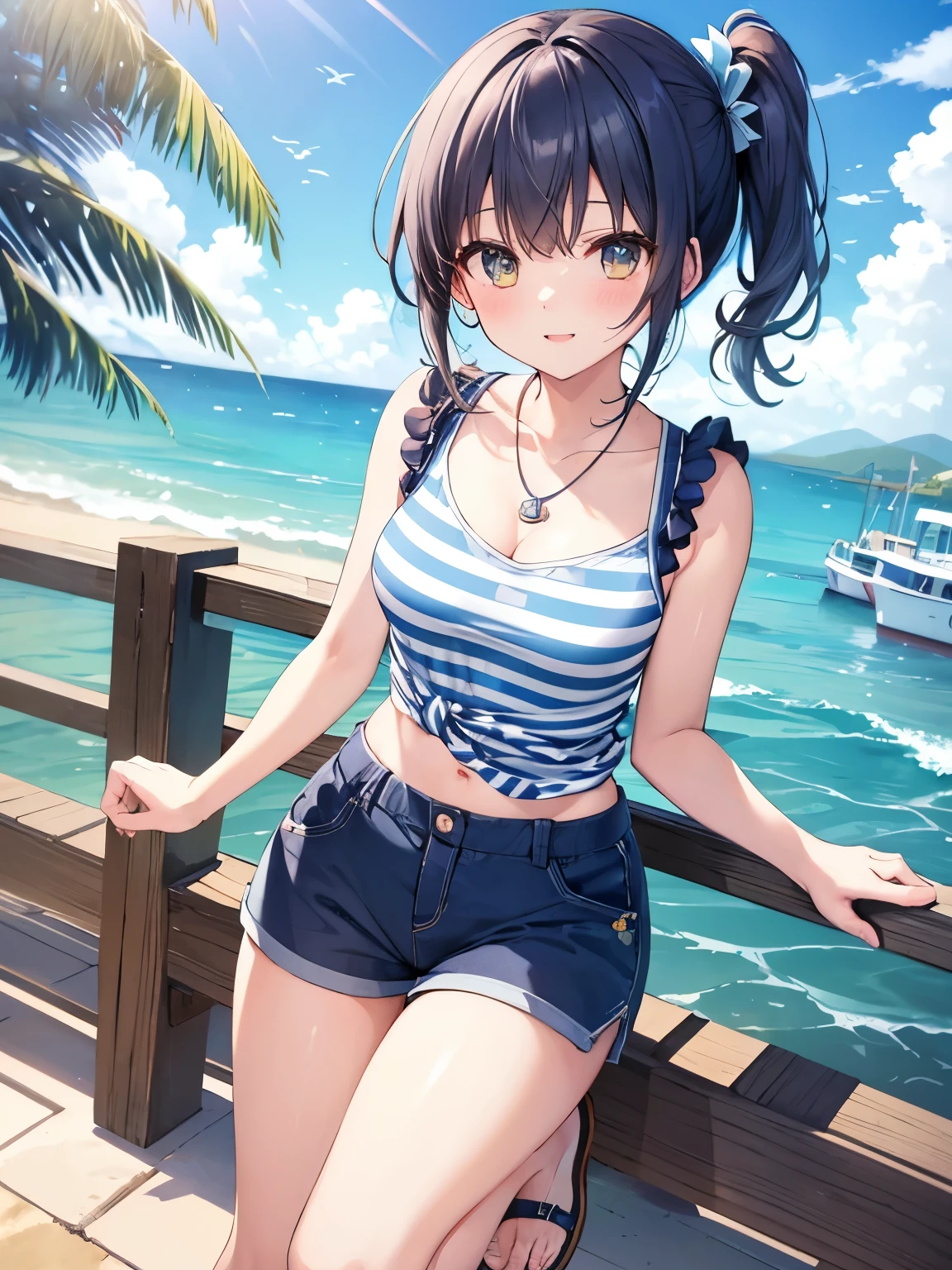 1girl, short black hair, blue eyes, wearing plain white bikini, denim shorts, city, absurdres, high res, ultrasharp, 8K, masterpiece, looking at viewer