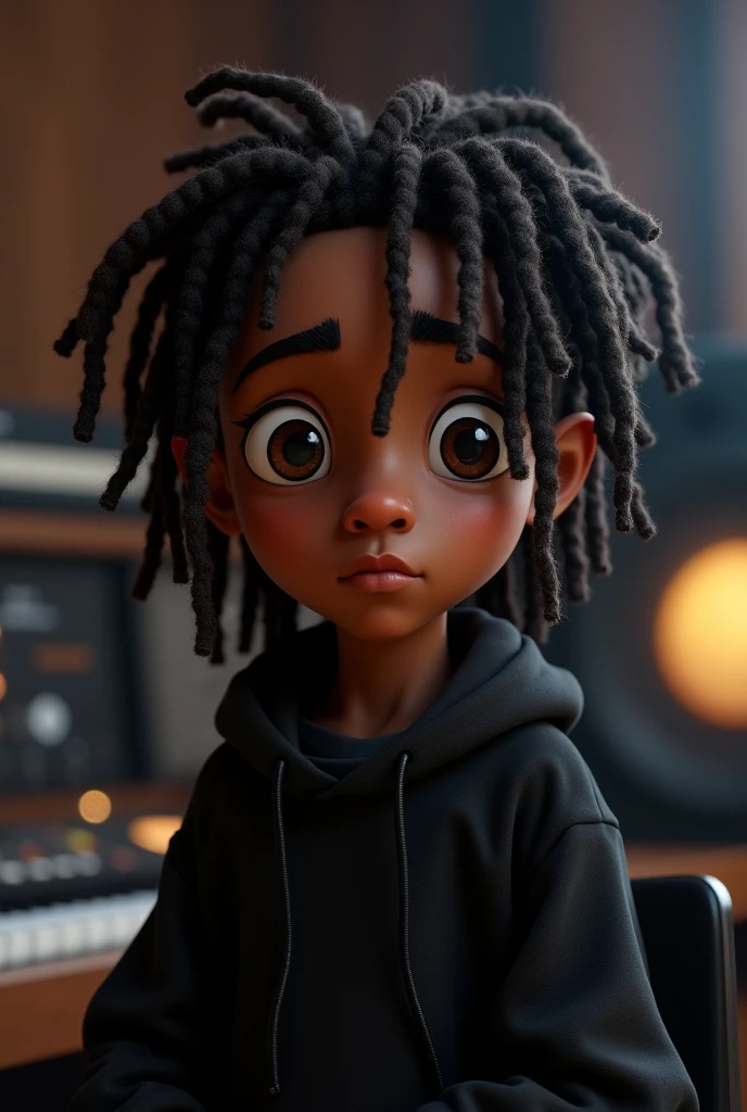 A 17-year-old boy Skin color: brown Place: music recording studio Hair type: short Type of haircut: the coby Accessories: gold chain that says BRAY