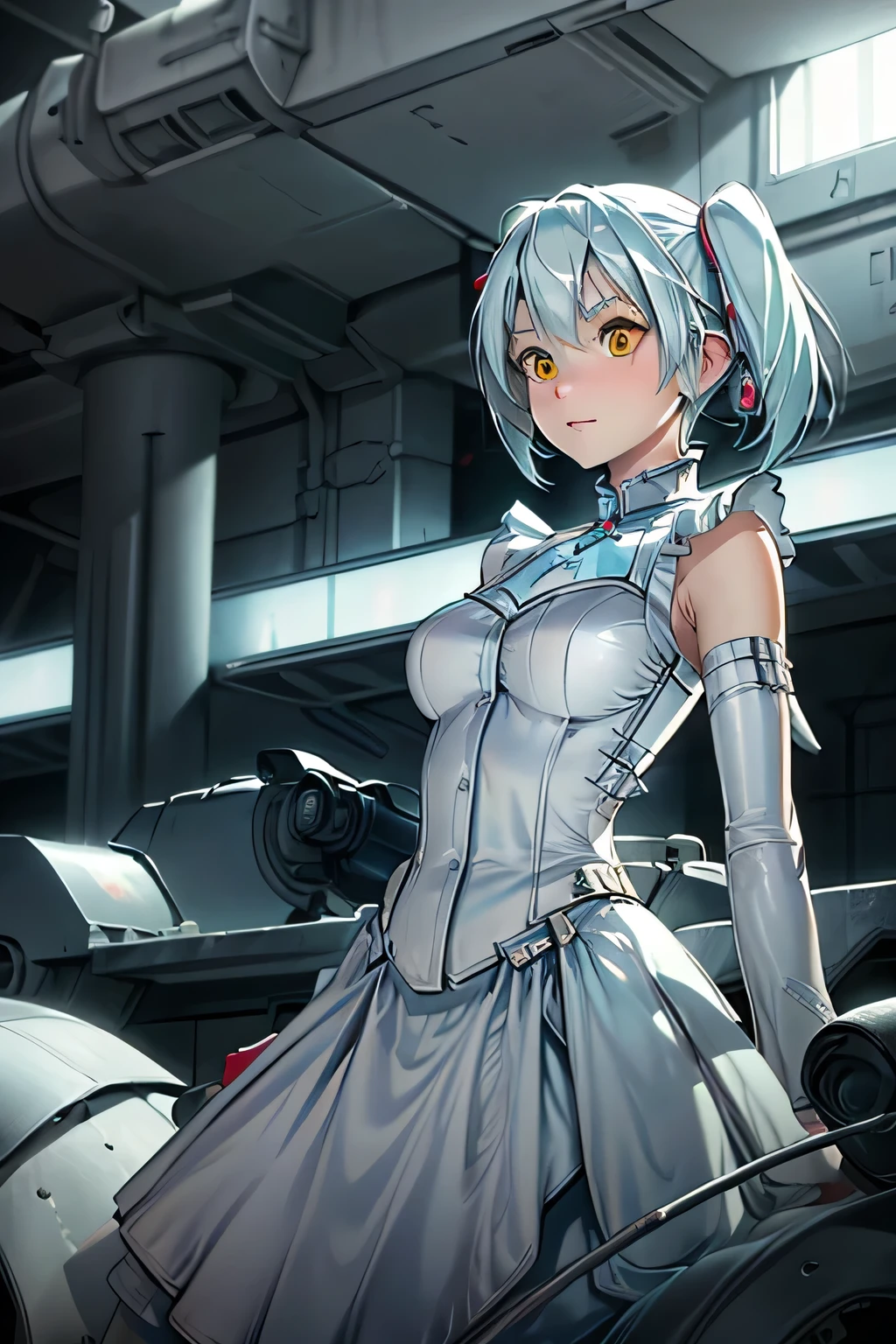  perfect anatomy 　 best quality, highest resolution,(((White shiny dress　 light blue hair )))　[blurry]　16k　 detachable sleeve　 Sleeveless Dress　 yellow eyes　Advance Wars Tabitha