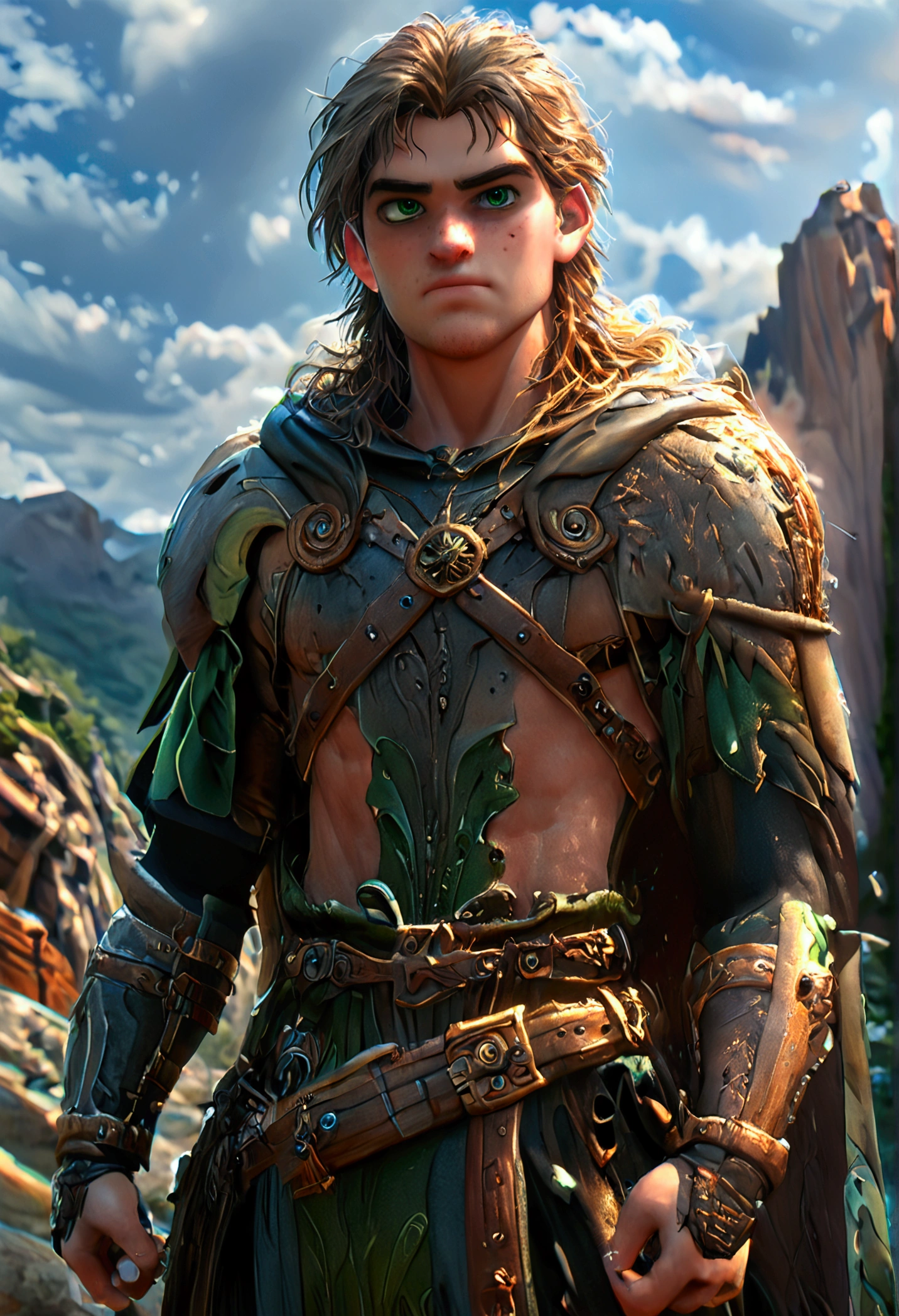 Half dragon human swordsman, middle age male, serious, ((lean but muscular, slim body, thin, skinny, sharp facial features, pointed chin, sharp nose)), sword on belt, beautifull, masterpiece, training, outside, mountains in background, detailed, detailed background, sky, clouds, green eyes, ((3 day stubble)), in battle stance, standing, brown medieval leather vest, long sleeve shirt, dark pants, black belt, hood, cape, black leather shoulderpad, tousled hair, armwraps, full body, 40 years old, kind knowing eyes, best quality, realistic, sfw, solo, leather boots, GigaChad1024, a muscular man, 