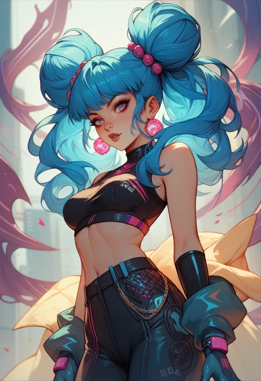 Anime style illustration of a female character with red and blue hair., sporting colorful chest tattoos and smiling on a yellow background. The artwork features bright colors., Intricate details and sharp focus with high resolution and high level of detail. It has a perfect composition in anime art style with Japanese manga art style.. The rendering is of the best quality in the style of Akira Toriyama and Nyo.. --AR 21:32