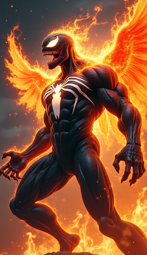 Draw the fusion of Venom and Phoenix。Create a terrifying hybrid monster that merges the ferocious Venom symbiote with the majestic yet destructive Phoenix force. The creature should have a muscular, jet-black body with a slick, liquid-like texture reminiscent of Venom, but with fiery, glowing cracks running through its skin, as if barely containing the immense power within. The head is a monstrous fusion of Venom’s menacing grin, filled with sharp teeth, and the glowing eyes of the Phoenix, with flames erupting from them. Large, blackened wings with a fiery aura extend from its back, casting an ominous shadow. The creature should appear both predatory and divine, with an aura that radiates both fear and awe. The background could be a desolate, scorched landscape, indicating the devastation