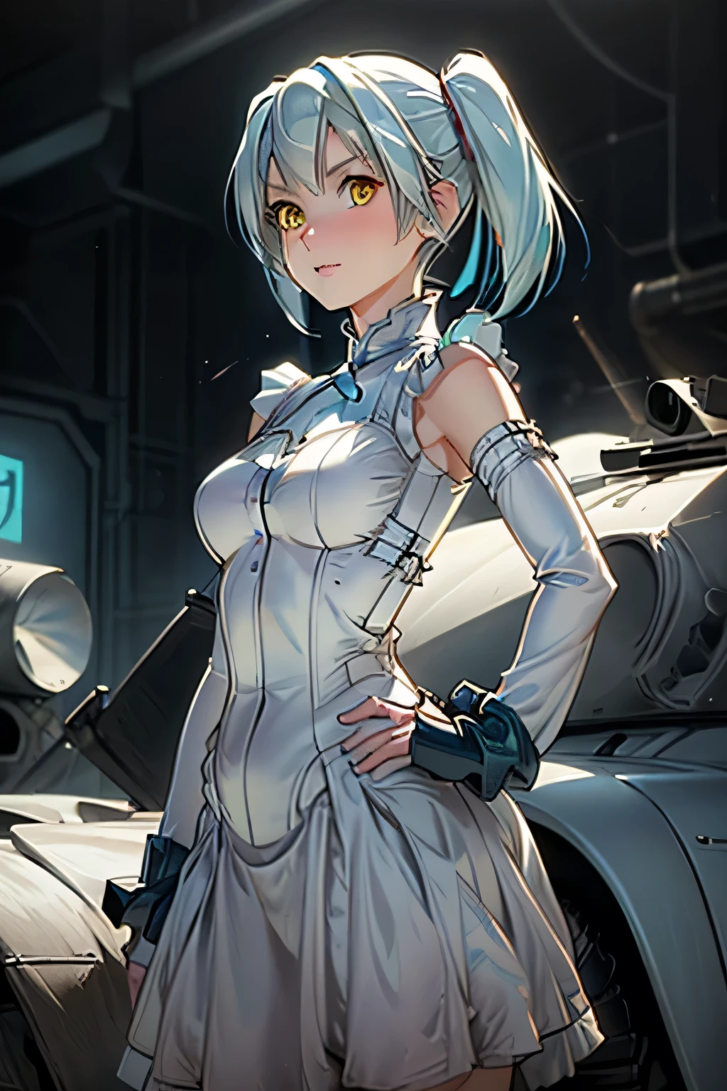  perfect anatomy 　 best quality, highest resolution,(((White shiny dress　 light blue hair )))　[blurry]　16k　 detachable sleeve　 Sleeveless Dress　 yellow eyes　Advance Wars Tabitha　wilderness　desert　army