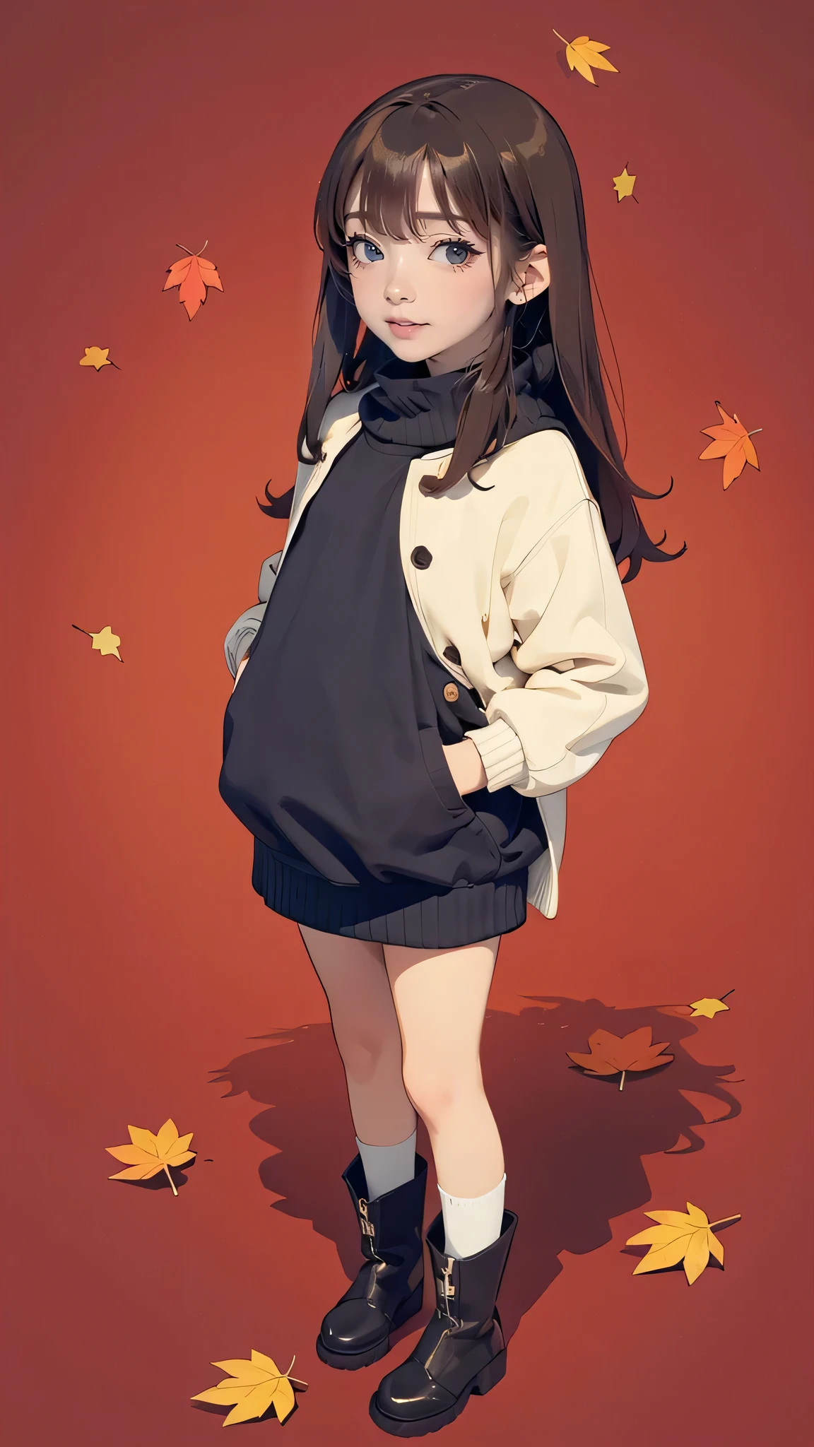 ( super flat ， flat shading ， flat color), (close),   Fisheye Lens ， cute little round mother and cute daughter， short stature ， flat chest，  Thin Thighs ， warm oversized sweater ， muffler  ，Long Hair,   boots, smile, smile, fun, play, autumn, autumn's beautiful red leaves,   bright  , Wide angle,    bright   color, watercolor, Ghibli style，  girl&#39;Lure，