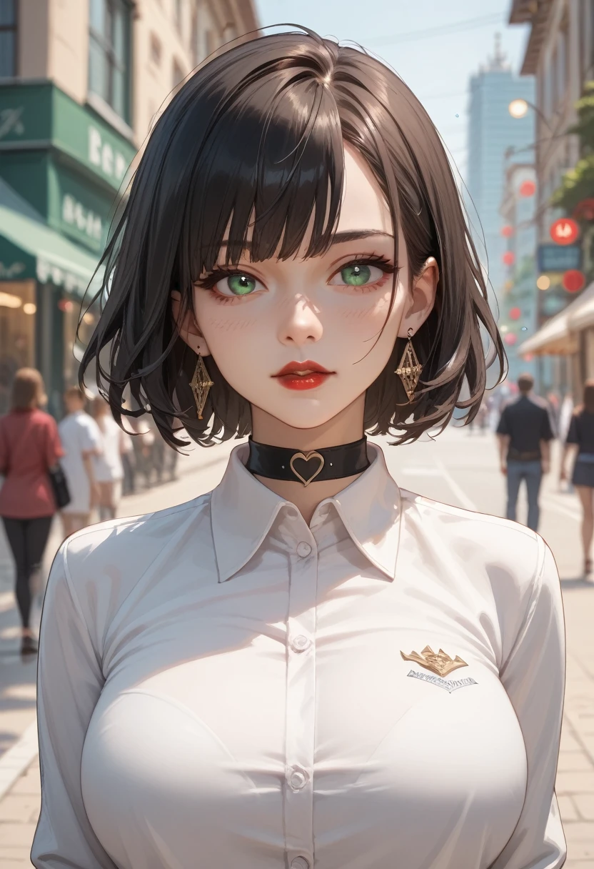  portrait, outdoors, bokeh background,  depth of field , Beautiful woman red lips ,  very short black hair ,  green eyes, choker, earrings,  long sleeve polo shirt with high collar black, ( big breasts) ( masterpiece ) , ( The best quality), absurd,  intricate details, ( costume),