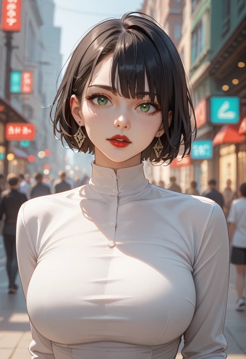  portrait, outdoors, bokeh background,  depth of field , Beautiful woman red lips ,  very short black hair ,  green eyes, choker, earrings,  long sleeve polo shirt with high collar black, ( big breasts) ( masterpiece ) , ( The best quality), absurd,  intricate details, ( costume),