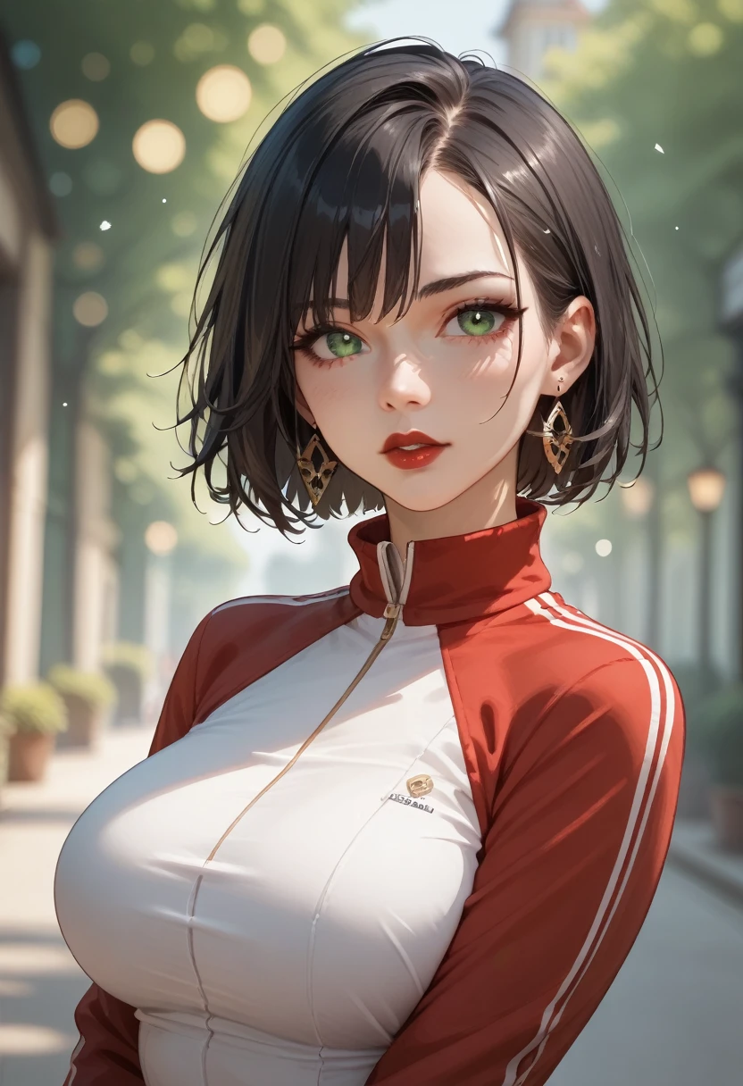  portrait, outdoors, bokeh background,  depth of field , Beautiful woman red lips ,  very short black hair ,  green eyes, choker, earrings,  long sleeve polo shirt with high collar black, ( big breasts) ( masterpiece ) , ( The best quality), absurd,  intricate details, ( costume),