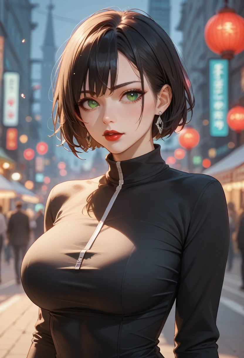  portrait, outdoors, bokeh background,  depth of field , Beautiful woman red lips ,  very short black hair ,  green eyes, choker, earrings,  long sleeve polo shirt with high collar black, ( big breasts) ( masterpiece ) , ( The best quality), absurd,  intricate details, ( costume),