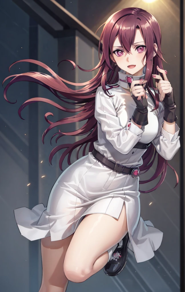 Nishikino maki, purple eyes,red hair,angelic dress ,blunt hair,curvy body, holding mp3, earphones, running,