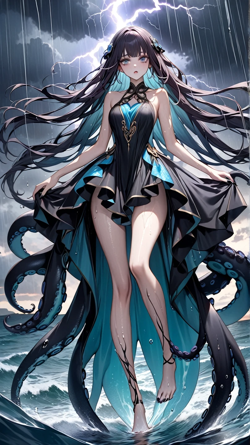 (1girl, monster girl, lizard, (skin texture, (scales:1.3)), chest, black hair, long hair, ponytail, red eyes, makeup, powder, blush, mascara, makeup), (elegant dress:1.7), cleavage, big breasts, jewelry, jewelry ponytail, fantasy, sea on the background, detailed, character, full body