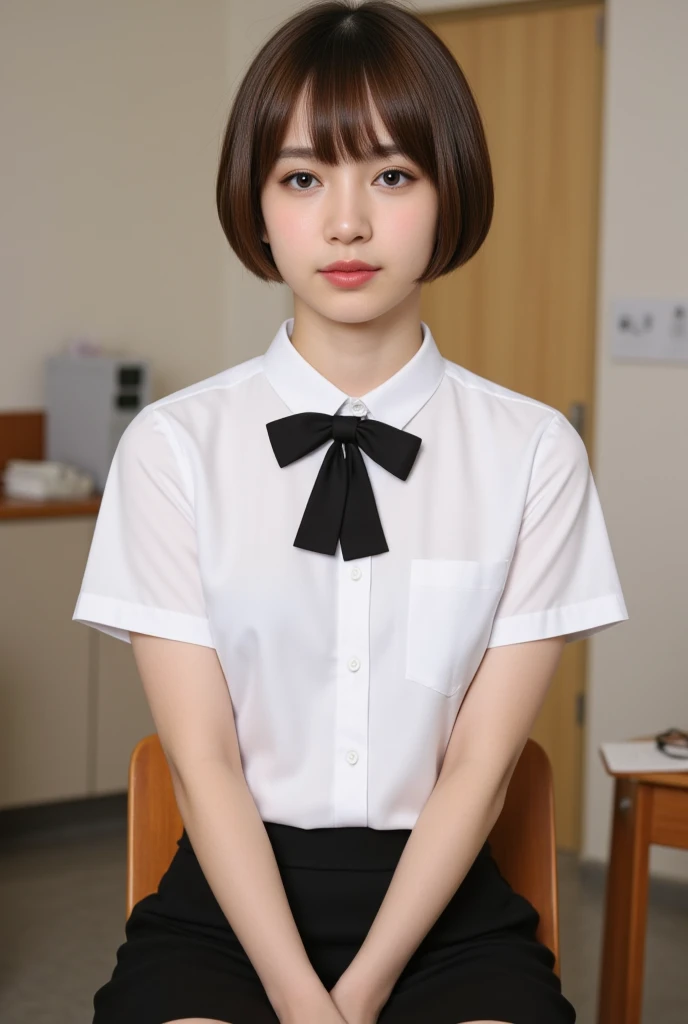 solo girl,  short-hair, looking at viewer, brown hair, shirt, bow, brown eyes, sitting, white shirt, short sleeves, skirt, indoors, bowtie, lips, black bow, chair, table, black bowtie, realistic, classroom ,high_resolution , 8k