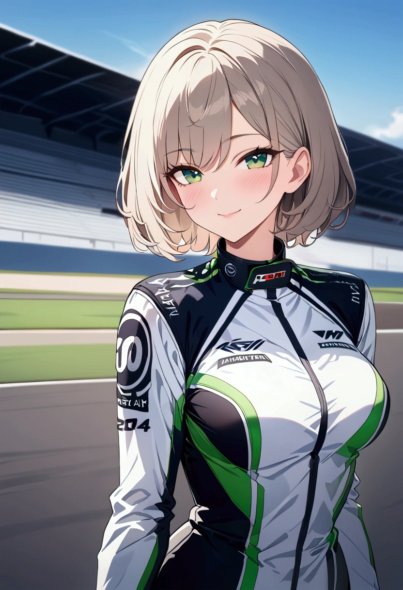 1girl,upper body,(masterpiece, best quality),RAW photo,16k wallpaper,extremely detailed CG,amazing,ultra detailed,hyperrealistic,official art,High quality texture,incredibly absurdres,highres,,cute girl,beautiful face,detailed large green eyes,short hair,racing2014,looking_at_viewer,standing,outdoors,smile,day,simple background,blue sky,sky,racing circuit,close-up,racing car,