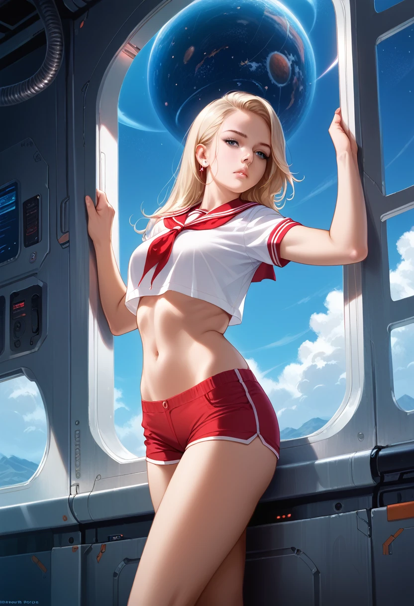 A masterpiece, ultra-detailed, high resolution, photorealistic image of a beautiful blonde girl wearing a traditional white sailor outfit modified as a crop top and tight shorts, bare arms, bare belly, bare legs;, standing and she is in a spaceship with a window to outer space showing Saturn, detailed background of the inside of a spaceship, night-time, leaning against the window, pensive expression.  Alien tentacles are writhing in the shadows.