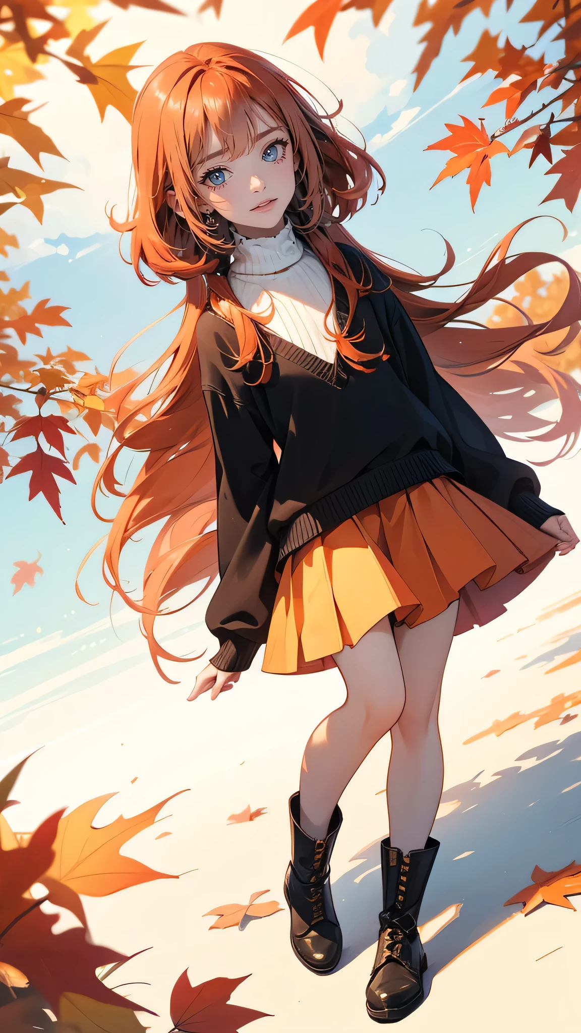 ( super flat ， flat shading ， flat color), (close),   Fisheye Lens ， cute little round mother and cute daughter， short stature ， flat chest，  Thin Thighs ， warm oversized sweater ， muffler  ，Long Hair,   boots, smile, smile, fun, play, autumn, autumn's beautiful red leaves,   bright  , Wide angle,    bright   color, watercolor, Ghibli style，  girl&#39;Lure，